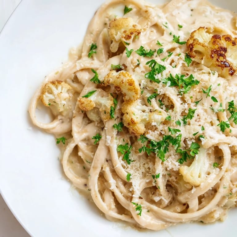 Tender roasted cauliflower florets blended into a light, nutmeg-scented alfredo sauce over a bed of pasta.