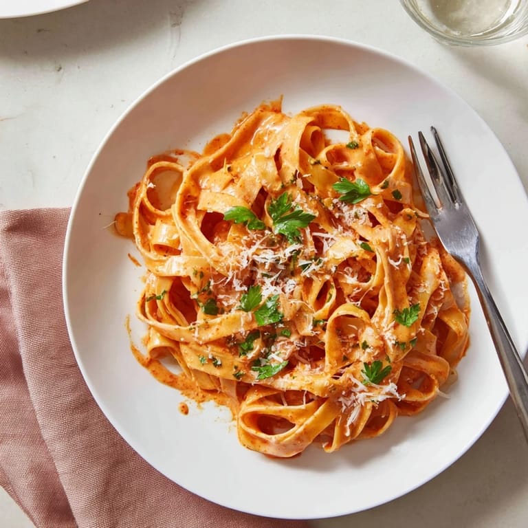 A serving bowl of Sriracha Honey Pasta topped with grated parmesan and chopped parsley, steaming warmly beside a wine glass.