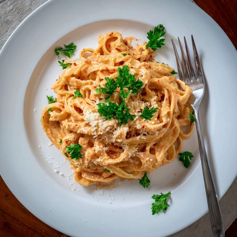 Sriracha Honey Pasta tossed in a skillet, showcasing glossy fettuccine coated in a rich, garlicky, sriracha-honey cream sauce.