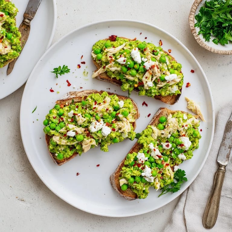 Rustic Smashed Pea & Chicken Toast garnished with fresh herbs and chili flakes, served warm for a satisfying, high-protein main dish.