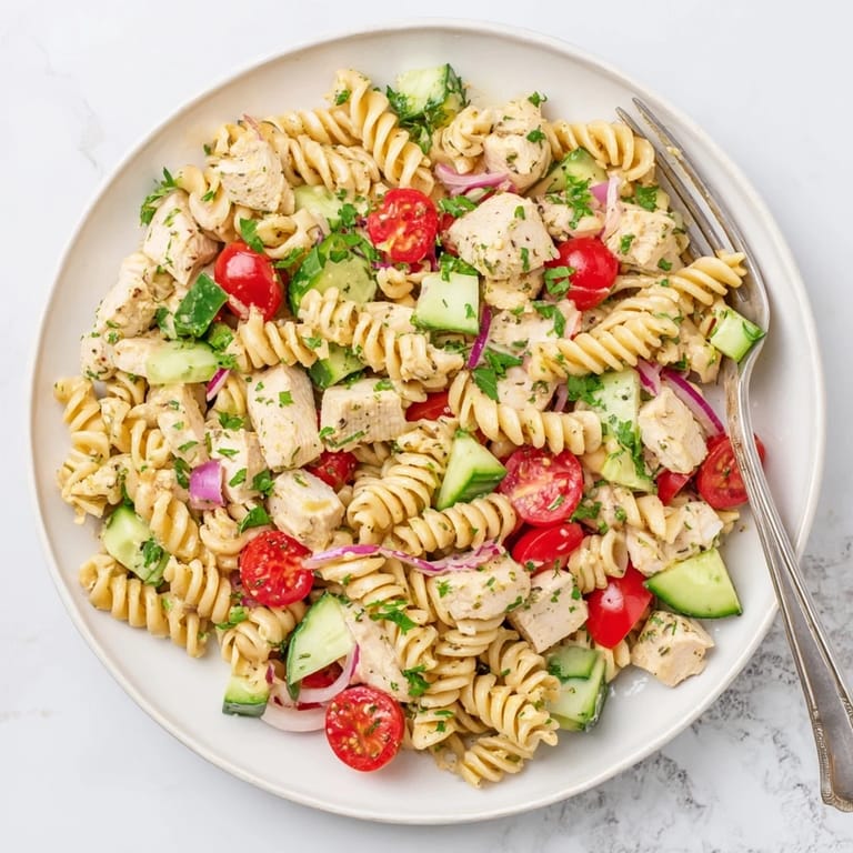 Tossing Honey Mustard Chicken Pasta Salad with vibrant dressing and fresh parsley, perfect for a quick family picnic or potluck.