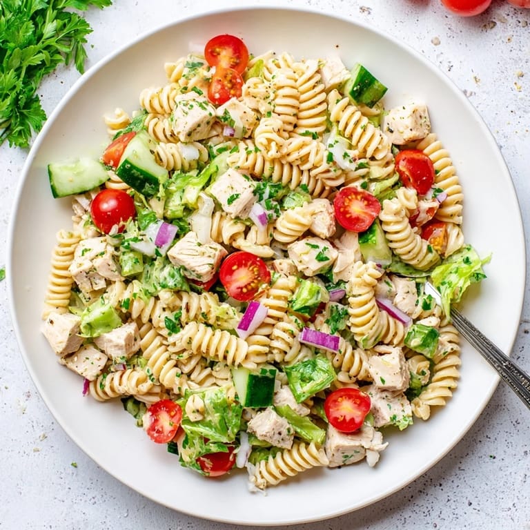Close-up of Honey Mustard Chicken Pasta Salad showing juicy chicken, crisp celery, and halved cherry tomatoes tossed in zesty honey-mustard dressing.