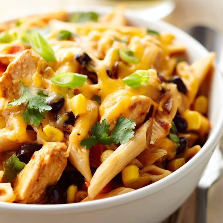 A close-up shows al dente pasta mixed with black beans, corn, and vibrant bell peppers in this Tex-Mex inspired Crispy Chicken Burrito Pasta.