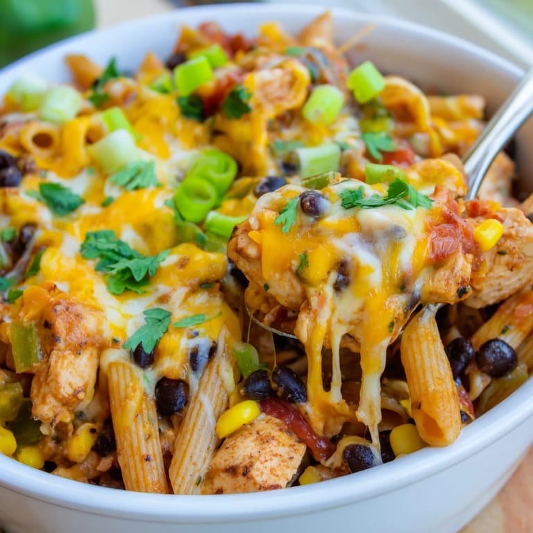 Sour cream and lime wedges garnish a steamy pan of Crispy Chicken Burrito Pasta, ready for a family weeknight dinner.