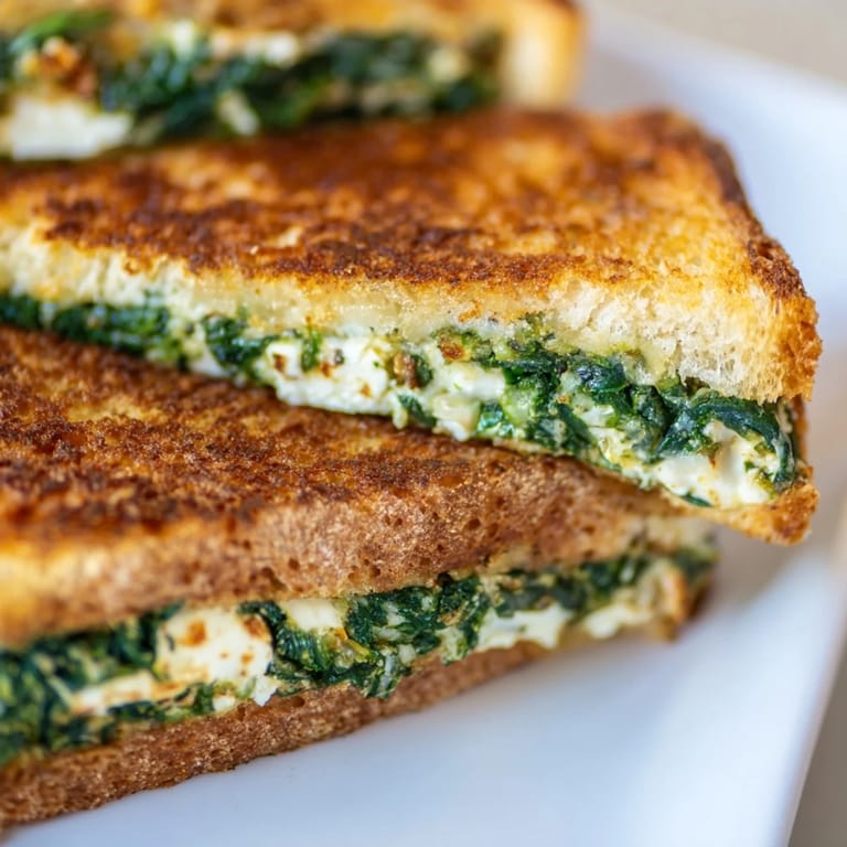 Served warm, this Feta & Spinach Stuffed Grilled Cheese pairs perfectly with a bowl of creamy tomato soup.