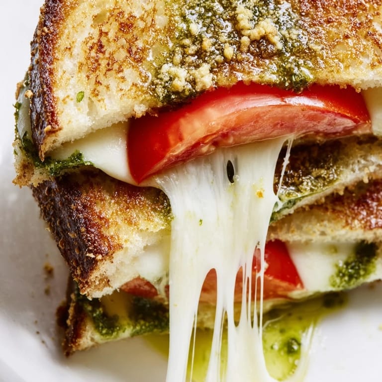 A freshly made Caprese Pesto Grilled Cheese sliced in half, revealing the vibrant green pesto, ripe tomatoes, and gooey cheese layers.