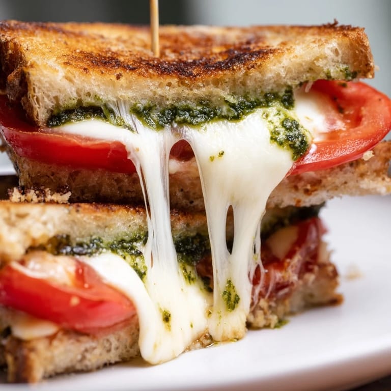 Warm Caprese Pesto Grilled Cheese resting on a wooden board, garnished with fresh basil and ready to serve for lunch.