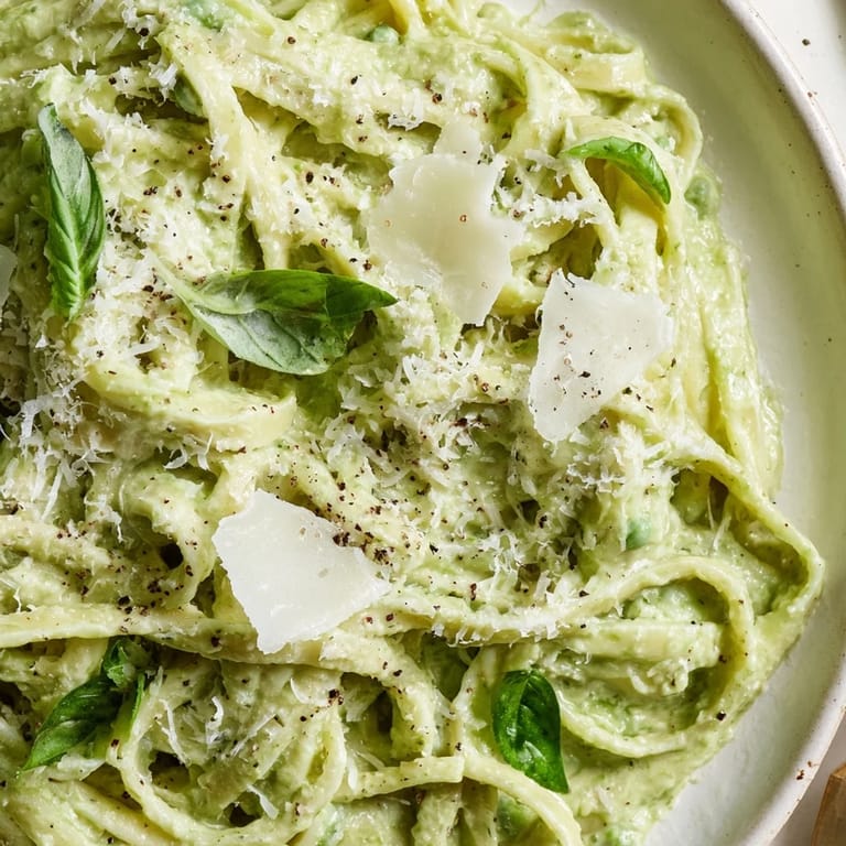 Steaming green pea Alfredo pasta in a skillet, featuring a vibrant sauce and freshly grated Parmesan.  