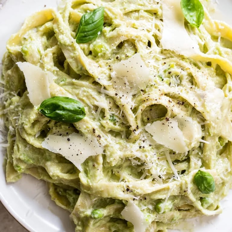 Creamy green pea Alfredo served as a main dish, garnished with herbs and extra cheese for a comforting meal.