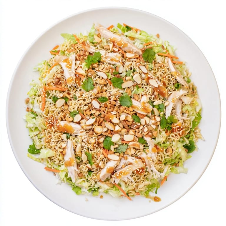 Crisp salad ingredients including carrots and cilantro mixed with savory chicken ramen noodles, ready to serve for a crowd.