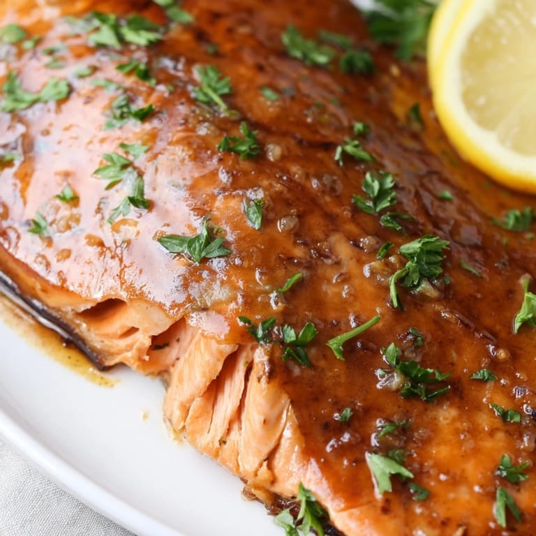 Close-up of roasted honey garlic glazed salmon, its sweet-savory glaze glistening under warm, appetizing light.