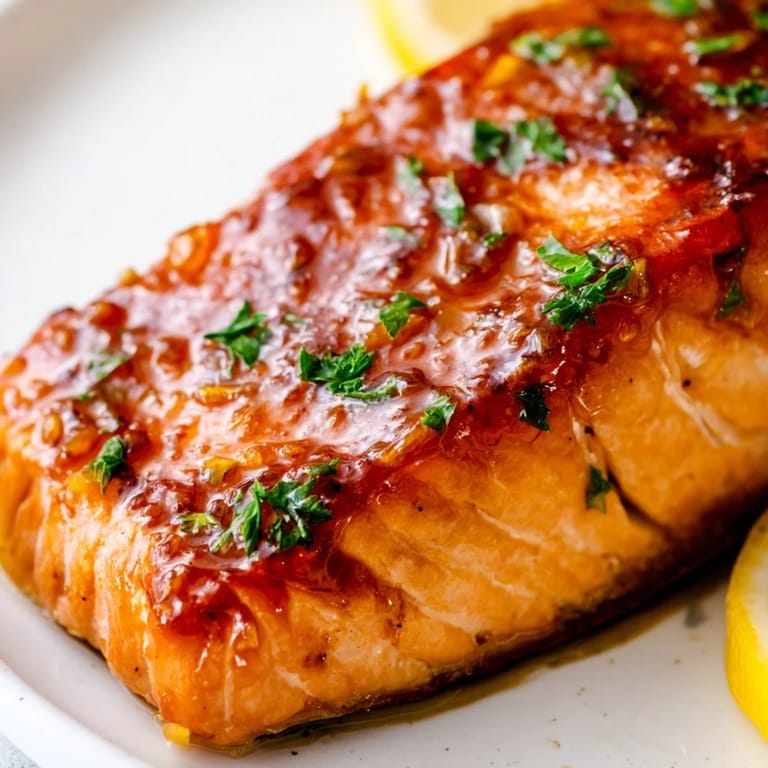 Juicy honey garlic glazed salmon fillets on a baking tray, ready to be enjoyed with steamed rice.