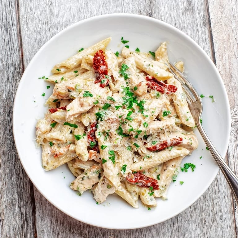 Sun-dried tomato chicken pasta plated with penne in a rich, garlicky cream sauce, ideal for weeknight dinners.