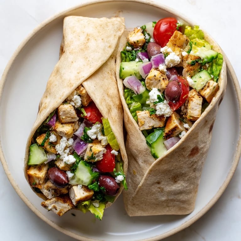 Freshly assembled Greek Lemon Chicken Salad Wrap showcases juicy marinated chicken, crisp veggies, and tangy feta cheese.  