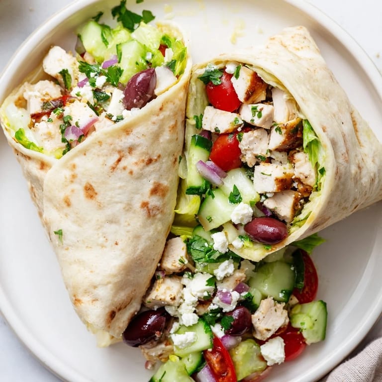 A close-up of a sliced Greek Lemon Chicken Salad Wrap revealing layers of romaine, tomatoes, cucumbers, and olives.