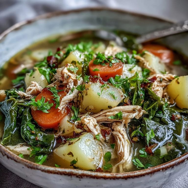 Serving a wholesome bowl of homemade Collard Greens, Chicken and Vegetable Soup, filled with colorful carrots, celery, and savory spices.