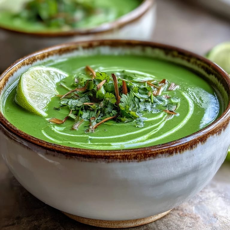 Hearty Spinach Coriander Lemongrass Soup, rich with coconut milk, perfectly smooth.