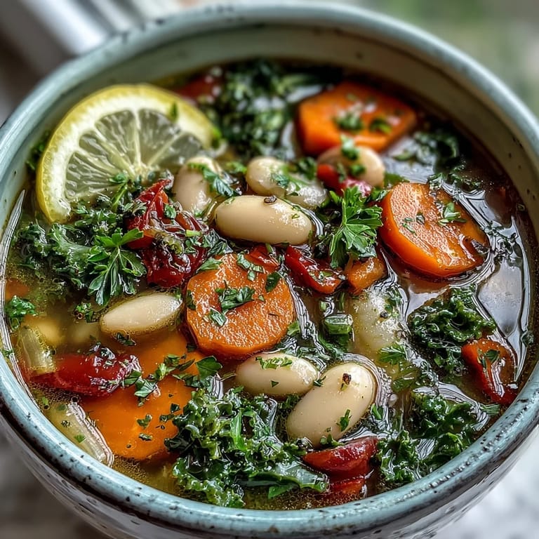 Hearty Mediterranean White Bean Stew served in a rustic bowl, garnished with fresh parsley and lemon wedges for a bright finish.  