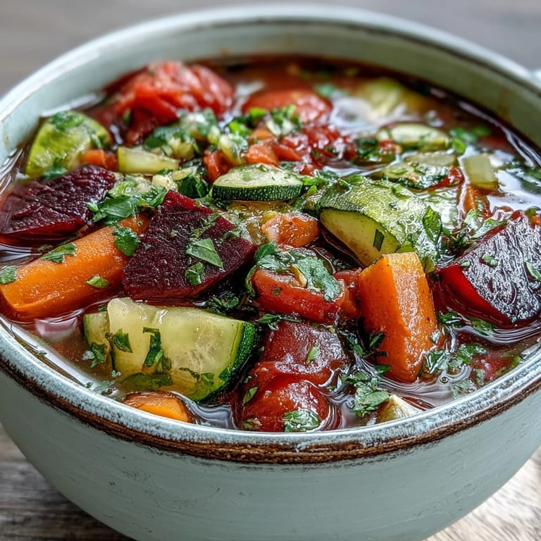Enjoy this vibrant Rainbow Vegetable Detox Soup, bursting with healthy veggies and bright flavors.