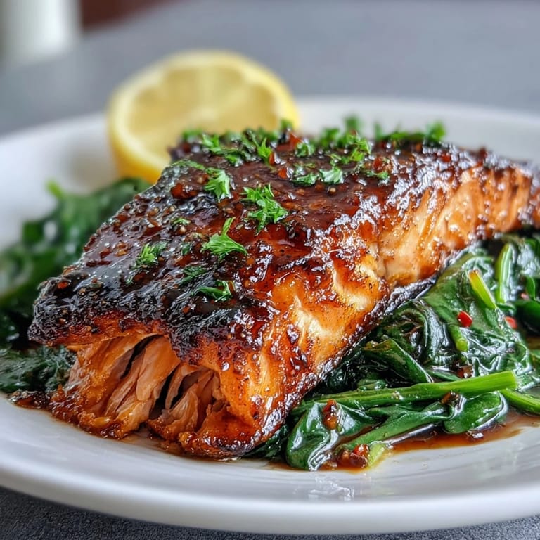 Flaky miso salmon topped with fresh ginger sits atop tender greens, with lemon wedges brightening this savory, Japanese-inspired main course.  