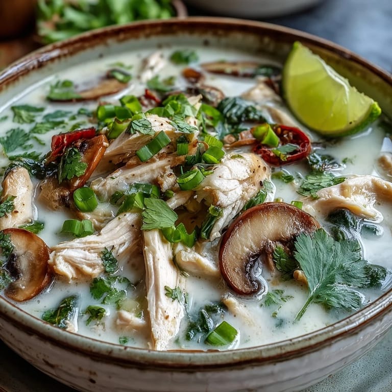 Spoon lifting creamy coconut broth with chicken and mushrooms from a bowl of Authentic Tom Kha Gai.