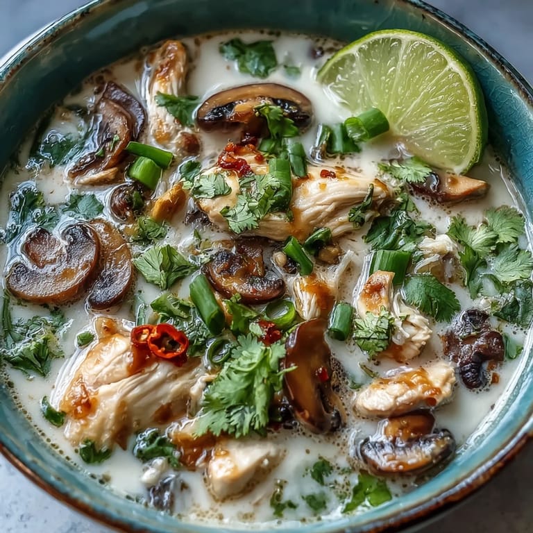 Authentic Tom Kha Gai served hot with lime wedges and jasmine rice on a rustic table.
