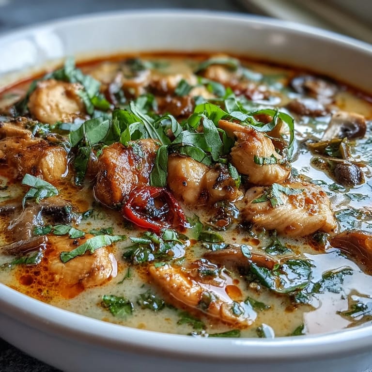 Close-up of Thai Chicken Coconut Curry Soup, aromatic steam rising from rich coconut milk broth, ready to serve with fresh lime.