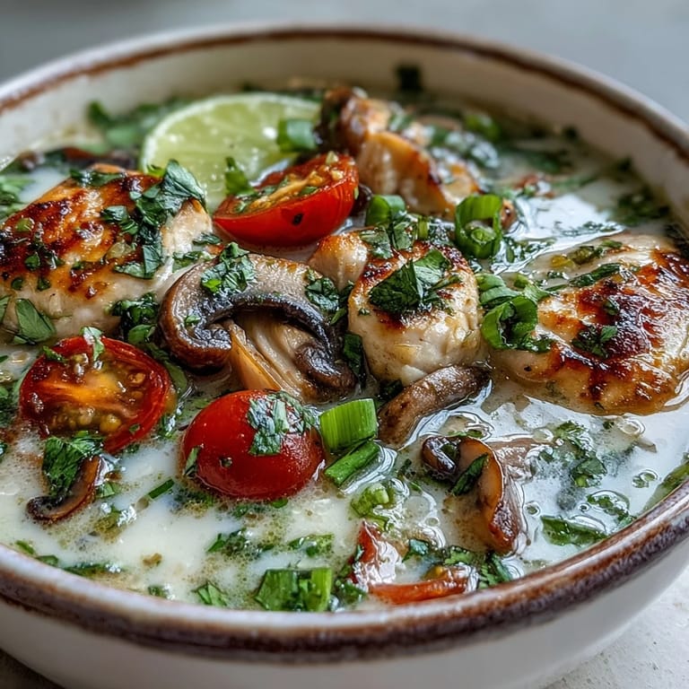 Best Ever Tom Kha Gai Soup simmering with oyster mushrooms and cherry tomatoes in an aromatic coconut broth.
