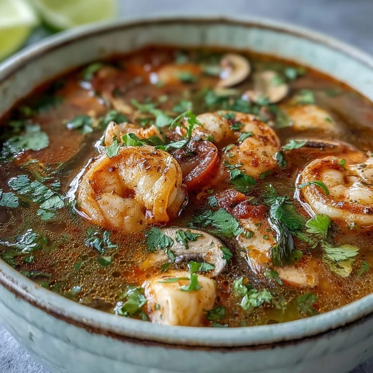 A spoon lifts a vibrant red broth with lemongrass and cilantro garnish.
