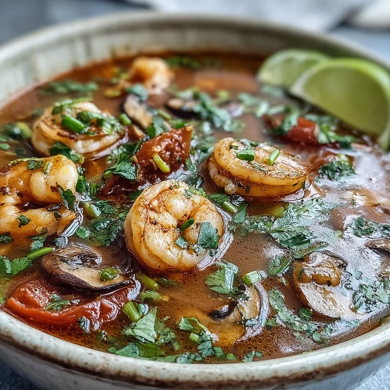 Close-up of Tom Yum Soup with lime wedges, Thai chiles, and herbs.