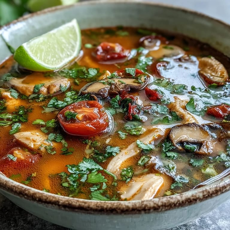 Steaming hot Tom Yum Gai soup features spicy red broth, sliced chicken, and lime wedges on the side.