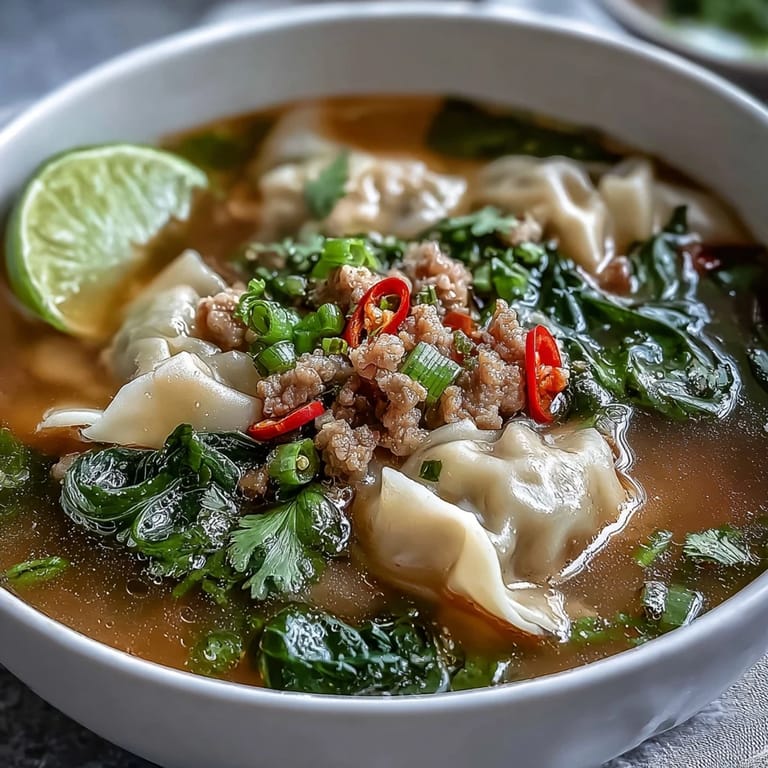 A spoon lifts a wonton from bright red broth featuring lemongrass and kaffir lime leaves, surrounded by bok choy and lime.