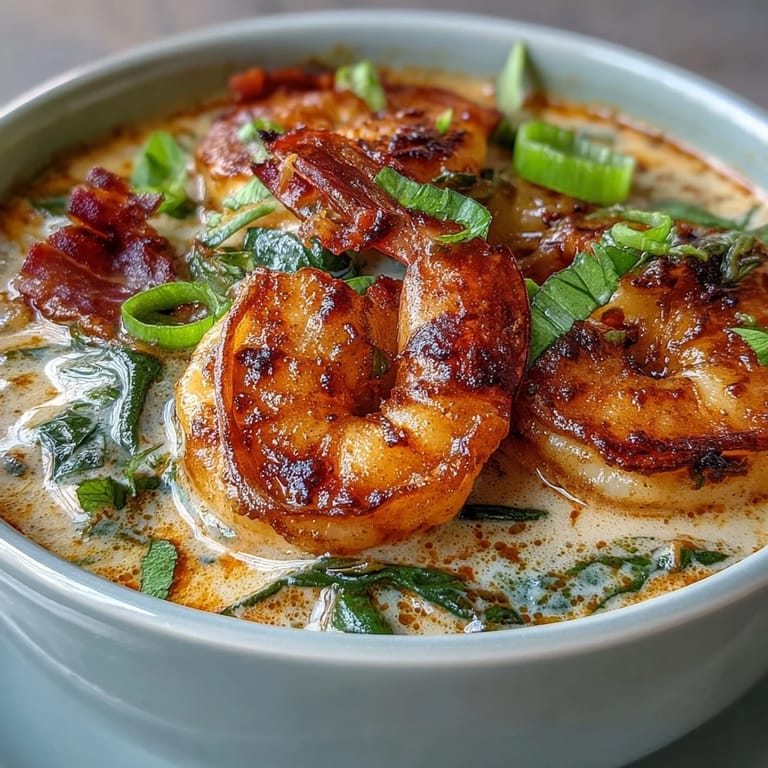 Thai Coconut Shrimp Soup simmering in a pot with shrimp, mushrooms, and red curry paste visible through steam.