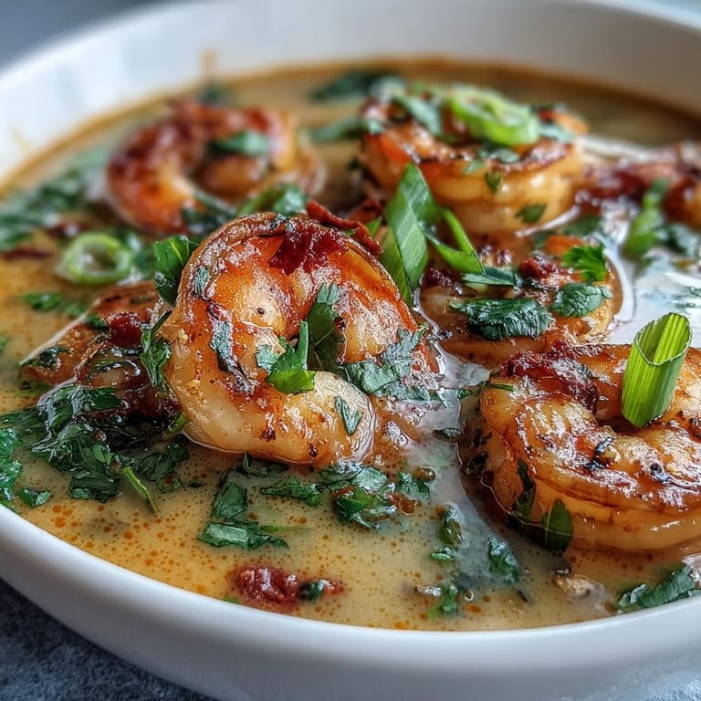 Spicy Thai Coconut Shrimp Soup garnished with cilantro and lime, ready to serve alongside fluffy jasmine rice.