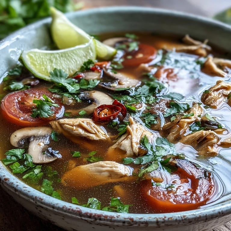 Bright green cilantro and spring onions garnish a fragrant bowl of Tom Yum Chicken, paired with fresh lime wedges on the side for an extra citrusy kick.