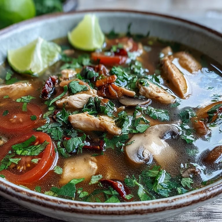 Close-up of Tom Yum Chicken revealing tender meat and oyster mushrooms in a spicy broth, with crushed bird's eye chilies adding a fiery Thai heat.