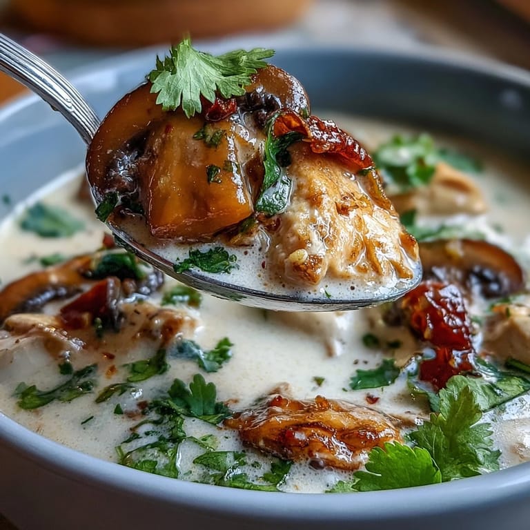 A bowl of steaming Tom Kha Soup featuring sliced chicken, mushrooms, and aromatic Thai herbs in rich coconut broth.