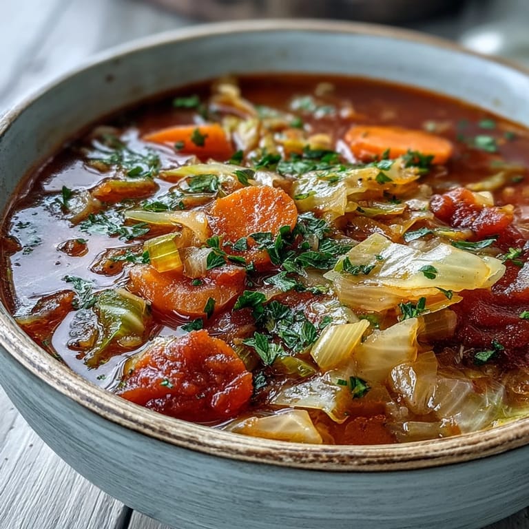 Hearty Classic Cabbage Soup served in a rustic bowl, garnished with parsley, ready to enjoy with crusty bread.