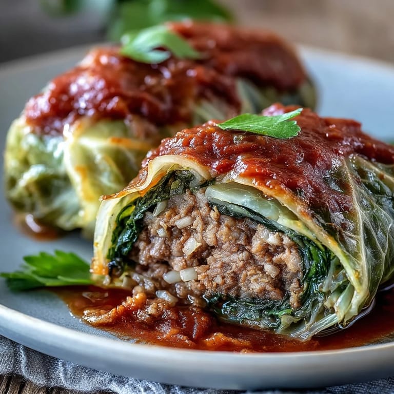 Golden baked Cabbage Rolls with tender cabbage leaves, stuffed with ground meat and rice, garnished with fresh parsley.