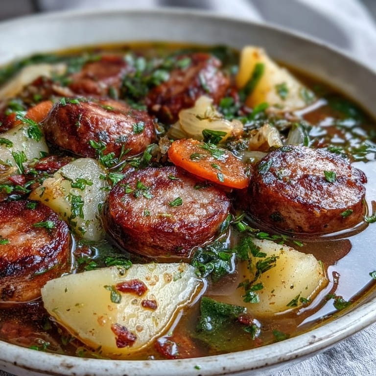 Close-up of Sausage, Potato and Cabbage Soup showing tender cabbage and creamy potatoes in rich broth.
