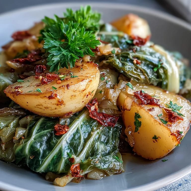Served hot in a rustic bowl, Braised Cabbage With Potatoes and Chili garnished with fresh parsley and lemon wedges.