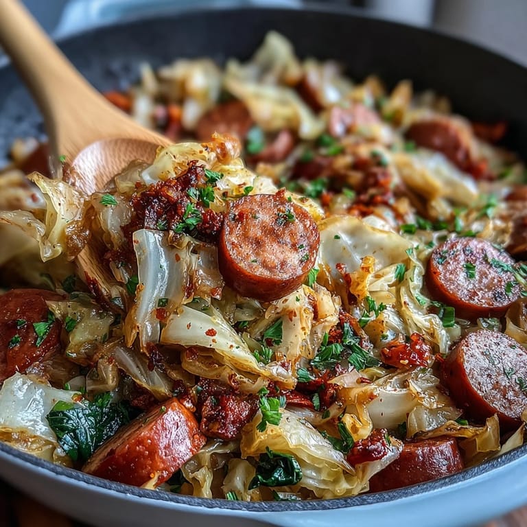 Tender green cabbage and smoky sausage simmered in a skillet, garnished with fresh herbs.