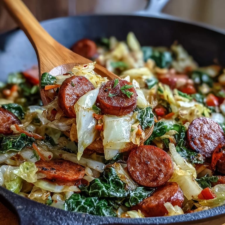 Hearty Smothered Cabbage With Sausage Skillet with caramelized edges, paired with crusty bread on the side.
