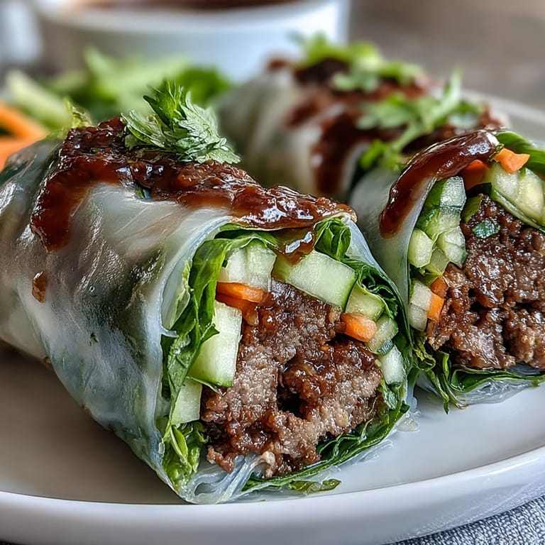 Soft rice paper wrappers encasing seasoned Thai Basil Beef Rolls with julienned carrots and fresh cucumber sticks.