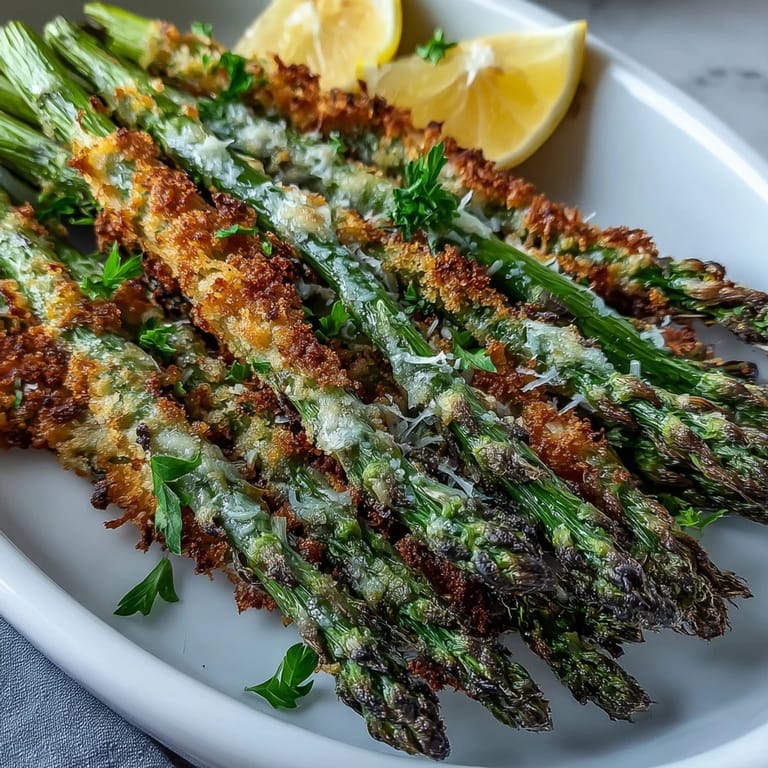 Vegetarian Crispy Asparagus Asiago Spears on a baking sheet with lemon wedges and a creamy dip, served hot.