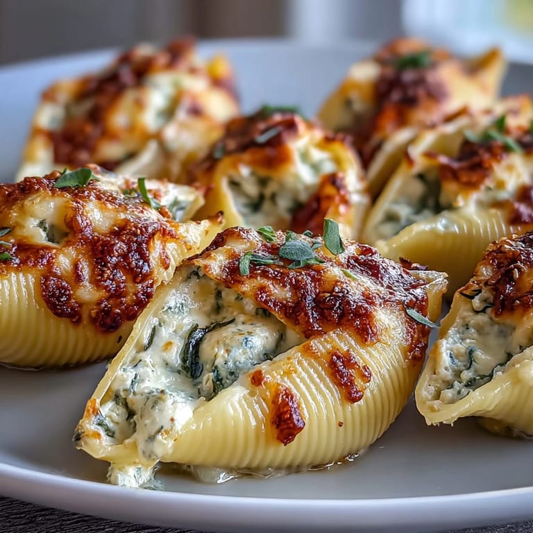 Freshly baked jumbo shells with savory pumpkin filling, served hot from the oven in a rich sauce.