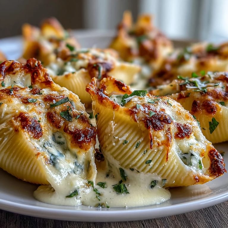 Melted Gouda and nutty brown butter sauce coat golden Pumpkin & Gouda Stuffed Shells, ready for a cozy dinner.