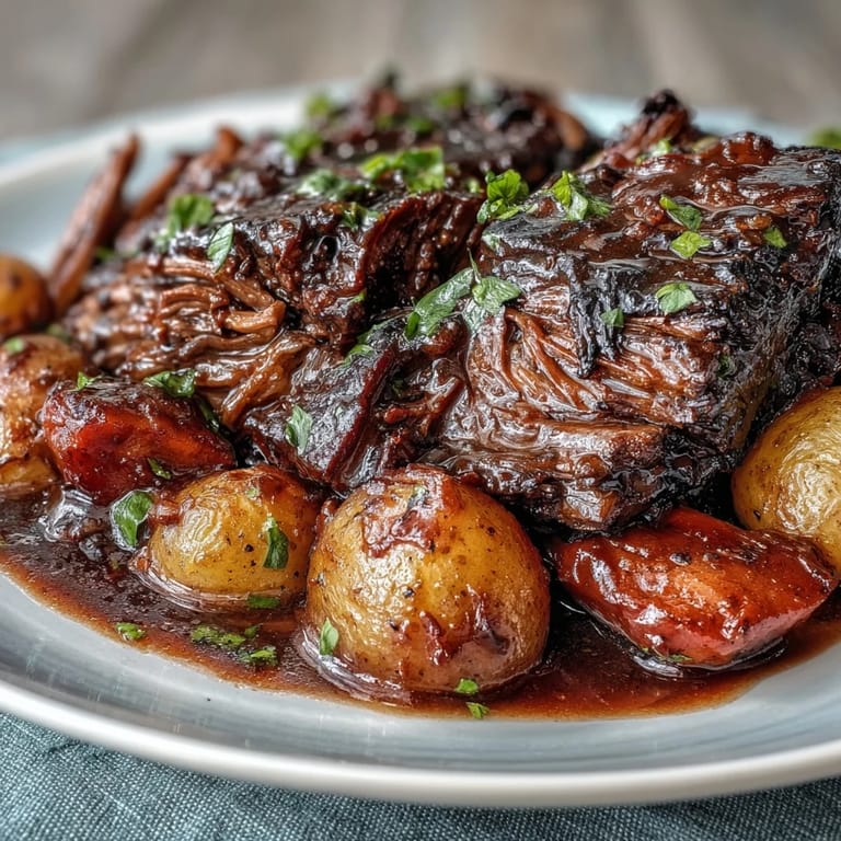 Hearty beef pot roast plated with buttery mashed potatoes and a sprinkle of fresh parsley garnish.
