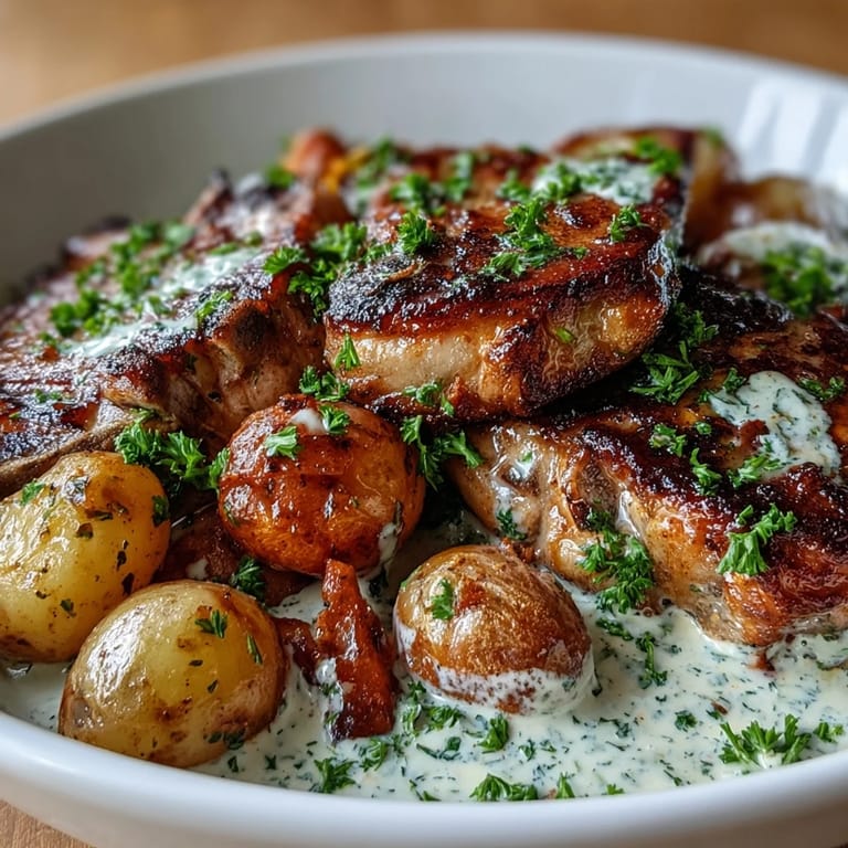 Serving platter of Crockpot Ranch Pork Chops with vegetables and spoonful of velvety ranch sauce, perfect for a hearty weeknight dinner.