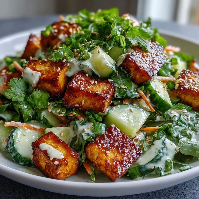 Perfectly crispy tofu meets cool, crunchy cucumbers in this Creamy Asian Cucumber Salad with Crispy Tofu, drizzled with creamy dressing and garnished with fresh herbs and sesame seeds.